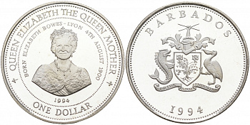 Барбадос 1 доллар 1994 94 года со дня рождения Королевы матери KM 57 серебро PROOF 1066-1-26