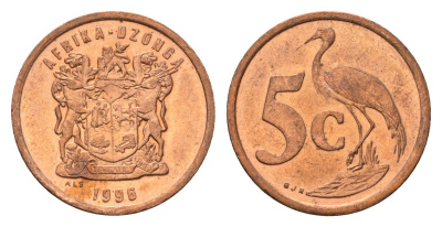 ЮАР 5 центов 1996 герб, райский журавль KM 160 сталь плакированная медью UNC 4687-213