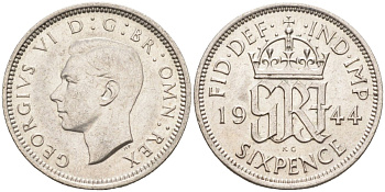 Великобритания 6 пенсов 1944 Георг VI (1936-1952) KM 852, Spink 4084 серебро аUNC 4585-227