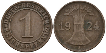 Германия 1 рейхспфенниг 1924 J KM 37, J. 313 бронза 4516-267