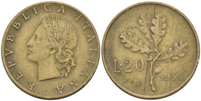 ИТАЛИЯ 20 ЛИР 1958 R ДУБОВАЯ ВЕТВЬ KM 97.1 алюминиевая бронза 4589-643