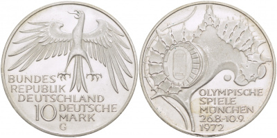 ФРГ 10 МАРОК 1972 G, ОЛИМПИАДА, СТАДИОН KM 133, J.404 серебро UNC 3457-344