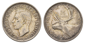 Канада 25 центов 1942 Георг VI (1936-1952), олень KM 35 серебро 181-316