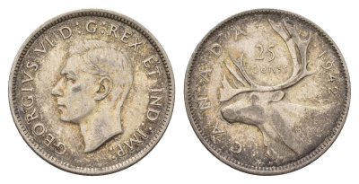 Канада 25 центов 1942 Георг VI (1936-1952), олень KM 35 серебро 181-316