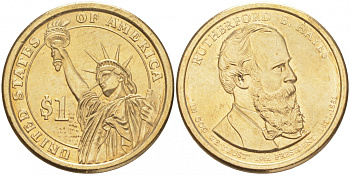 США 1 доллар 2011 P, Президент США - Ратерфорд Хейз (1877-1881) KM 501 медь с марганцево-латунным покрытием UNC M31-14
