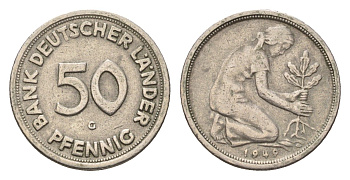 ФРГ 50 пфеннигов 1949 G KM 104, J. 379 медно-никель 4685-446