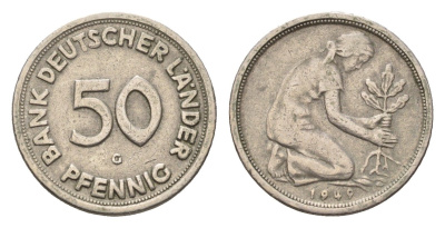 ФРГ 50 пфеннигов 1949 G KM 104, J. 379 медно-никель 4685-446