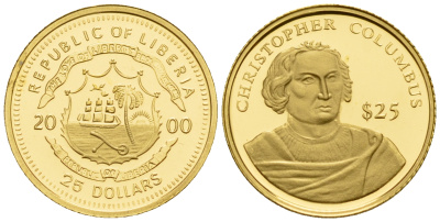 Либерия 25 долларов 2000 Христофор Колумб  золото  PROOF  00-815-19