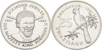 Свазиленд 25 емалангени 1981 брильянтовый юбилей короля, птичка на ветке KM 34 серебро UNC 00-00