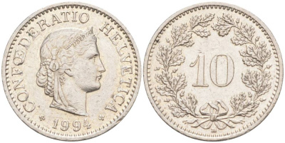 ШВЕЙЦАРИЯ 10 РАППЕНОВ 1994 В KM 27 медно-никель 55-537