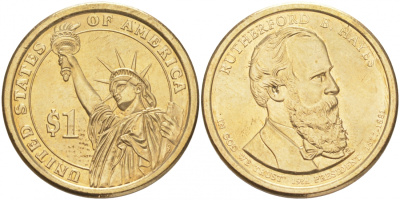 США 1 доллар 2011 P, Президент США - Ратерфорд Хейз (1877-1881) KM 501 медь с марганцево-латунным покрытием UNC M31-14