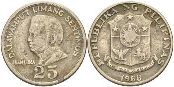 ФИЛИППИНЫ 25 СЕНТИМО 1968 ХУАН ЛУНА KM 199 медь никель цинк 4551-1143