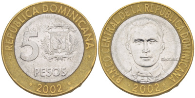 Доминиканская республика 5 песо 2002 Санчес KM 89 биметалл 4541-1117