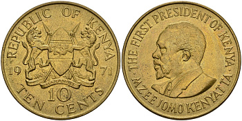 Кения 10 центов 1971 Джомо Кениата KM 11 никель латунь aUNC 4599-1244