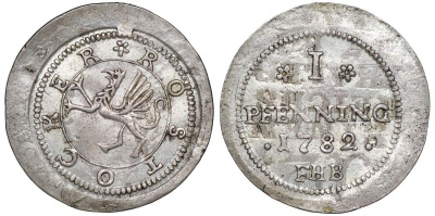 Росток 1 пфенниг 1782 FHB, надчеканка на 1/12 талера 1764, вес 3,7 гр, диаметр 24,5 мм, редчайший экземпляр KM Pn2 серебро    00-811-13