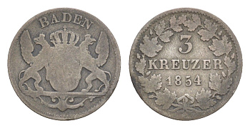 Баден 3 крейцера 1854 Леопольд (1830-1852), редкий год KM 211 серебро 1518-322