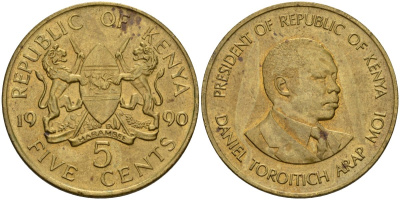 Кения 5 центов 1990 KM 17 никель латунь aUNC 4118-623