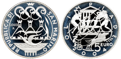 Сан-Марино набор 5 и 10 евро 2003 Олимпийские игры в Афинах 2004, виды спорта, в оригинальной коробке, с сертификатом KM 453, 454 серебро PROOF 6-5-1-02