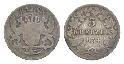 Баден 3 крейцера 1854 Леопольд (1830-1852), редкий год KM 211 серебро 1518-322