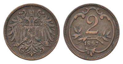 Австрия 2 геллера 1897 Франц Иосиф I (1848-1916) KM 2801 бронза 4702-139