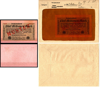 Германия 5000000 марок 1923 красный номер, 20 августа, MUSTER, образец, Specimen. В оригинальном банковском конверте. Из коллекции Отто Сейфферта (помощник Ялмара Шахта - министра экономики Германии и президента Рейхсбанка времен третьего рейха) Pick 105 