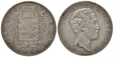 Саксония 1 талер 1838 Фридрих Август II Dav. 872 A, KM 1142 серебро 00-804-43