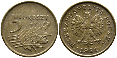 ПОЛЬША 5 ГРОШЕЙ 1991 MW KM 278 латунь 4387-645