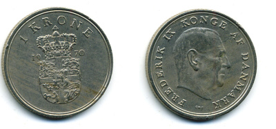 ДАНИЯ 1 КРОНА 1970 C; S, ФРЕДЕРИК IX (1947-1972) KM 851.1 медно-никель 56-541