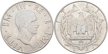 ИТАЛИЯ 2 ЛИРЫ 1940 R, ГОД XVIII, ВИКТОР ЭММАНУИЛ III (1900-1946) KM 78а, VEM3. 1155 a) нержавеющая сталь 3855-322