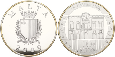 Мальта 10 евро 2009 серия культурное наследие, дворец Кастеллания KM 133 серебро PROOF 00-00