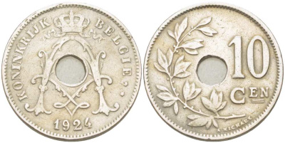 БЕЛЬГИЯ 10 САНТИМОВ 1924 BELGIE KM 86 медно-никель 210-1052