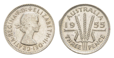 Австралия 3 пенса 1955 Елизавета II (1952-2022) KM 57 серебро UNC 4649-1111