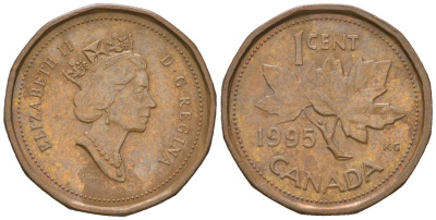 Канада 1 цент 1995 Елизавета II (1952-2022), кленовый лист KM 181 бронза 4383-457
