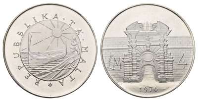 Мальта 4 лиры (фунта) 1976 Ворота Форта Маноэль KM 41 серебро BU 270-613