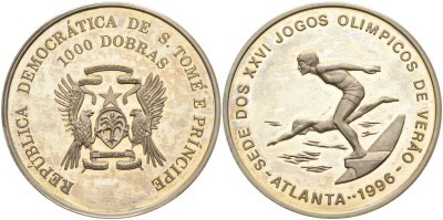 Сан-Томе и Принсипи 1000 добра 1996 XXVI Олимпийские игры 1996 года в Атланте, плаванье KM 63 медно-никель PROOF 00-00