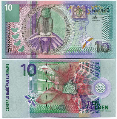 Суринам 10 гульденов 2000 колибри-манго, цветок Pick 147 бумага UNC (пресс) 6266-23-2