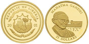 Либерия 25 долларов 2001 Махатма Ганди золото PROOF 00-819-65