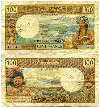 ТАИТИ 100 ФРАНКОВ 1969 Pick 23 бумага 7207-31-2