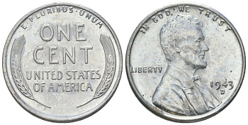 США 1 цент 1943 D, Авраам Линкольн KM 132 a сталь покрытая цинком aUNC 112-524