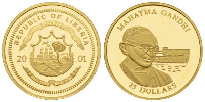 Либерия 25 долларов 2001 Махатма Ганди золото PROOF 00-819-65