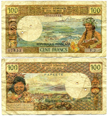 ТАИТИ 100 ФРАНКОВ 1969 Pick 23 бумага 7207-31-2
