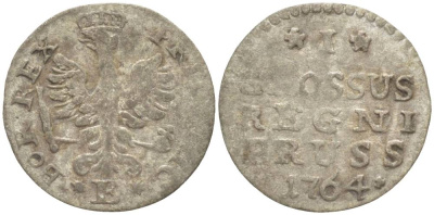 Польша, Восточная Пруссия 1 грош 1764 Е, Фридрих II Прусский (1740-1786), вес 0,53 гр., монетный двор Кенигсберг KM 8, Olding 232b, v. Schrotter 1245 серебро 1517-1232