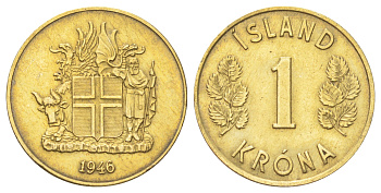 Исландия 1 крона 1946 год-тип KM 12 алюминиевая бронза 4666-853