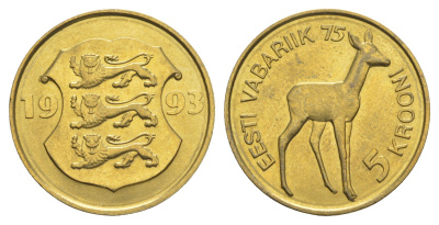 Эстония 5 крон 1993 75 лет Эстонской республике KM 29 латунь UNC 4652-935