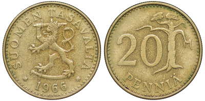 Финляндия 20 пенни 1966 S KM 47 алюминиевая бронза 259-523