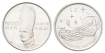 Ватикан 2 лиры 1969 MCMLXIX, год-тип KM 109 алюминий UNC 4701-513