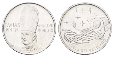 Ватикан 2 лиры 1969 MCMLXIX, год-тип KM 109 алюминий UNC 4701-513