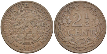 НИДЕРЛАНДЫ 2 1/2 ЦЕНТА 1913 ВИЛЬГЕЛЬМИНА I (1891-1948) KM 150 бронза 219-624