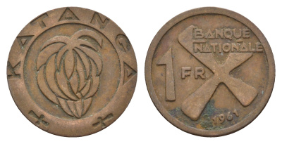 Катанга 1 франк 1961 Заир, балубский крест, связка бананов KM 1 бронза 36-411