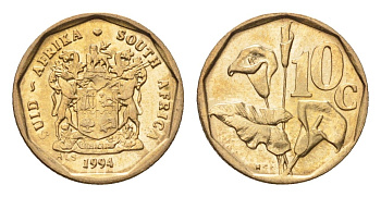 ЮАР 10 центов 1994 герб, цветок алоэ KM 135 сталь плакированная бронзой UNC 4694-712